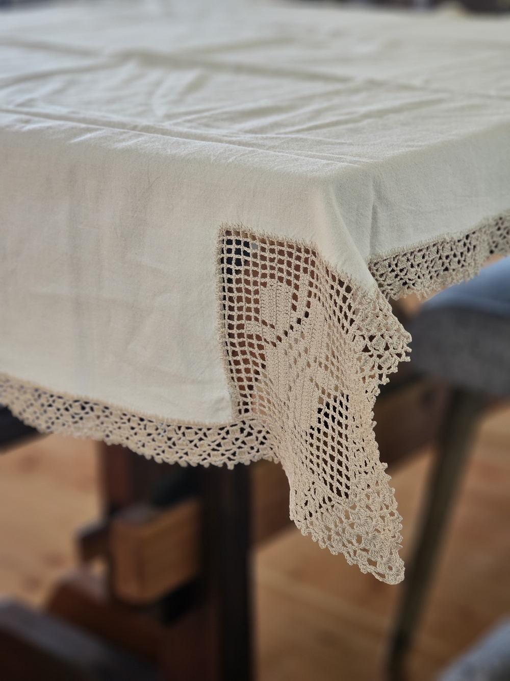 Handmade Crochet-Edged Tablecloth in Cream